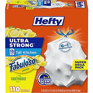 110-Count Hefty Ultra Strong 13-Gallon Trash Bags (Fabuloso Lemon Scent) $12.95 w/ S&S + Free Shipping w/ Prime or on $35+