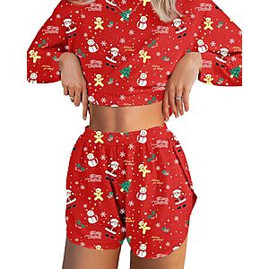 JUSTFASHIONNOW Womens Christmas Pajamas Long Sleeve Lounge Set 2 Piece $7.49