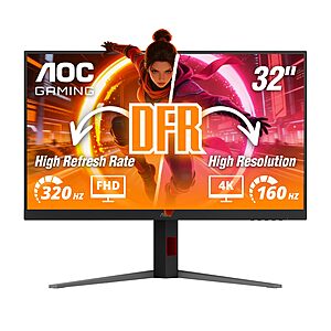 AOC U32G4 32-inch 4K Gaming Monitor, UHD 3840×2160 160Hz / FHD 320Hz Dual Mode, IPS Panel, 0.5ms MPRT $319.99
