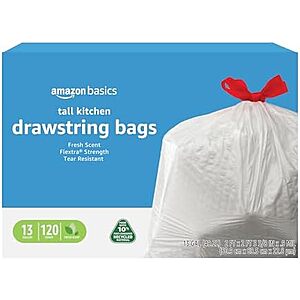 [SnS, AC] $10.28 | 120-Count Amazon Basics 13 Gallon Flextra Tall Kitchen Drawstring Trash Bags (Clean Fresh) at Amazon