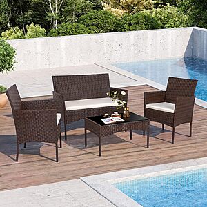 4-Piece Shintenchi Wicker Rattan Patio Conversation Set w/ Loveseat, 2 Chairs & Coffee Table (Khaki) $116.98 + Free Shipping