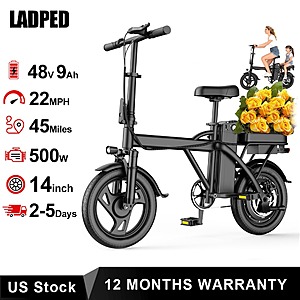 AOVOPRO LADPED Folding Electric Bike 500W 48V 9Ah Li-ion Battery 22mph 45mile range 14in Pneumatic Tires Dual Front Shocks 2 Seats $199 + Free Shipping