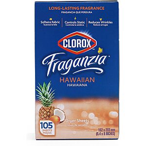 105-Count Clorox Fraganzia Fabric Softener Dryer Sheets (Hawaiian Escape) $2.74 w/ S&S + Free Shipping w/ Prime or on $35+