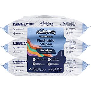 Squatty Potty Flushable Wipes - 3 Packs of 50 (150 Total Wet Wipes) $7.99