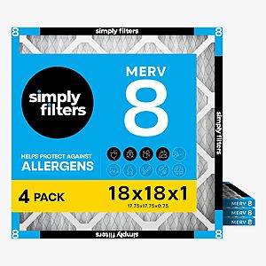 $23.69: Simply 18x18x1 Air Filter, Merv 8, 4 Pack (Actual Size: 17.75x17.75x0.75)