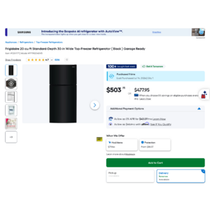 Lowe's: Frigidaire FFTR2045VB 20 Cu. Ft. Garage-Ready Top Freezer Refrigerator (Black) - $503.11 (Reg. $849) + Free Delivery YMMV