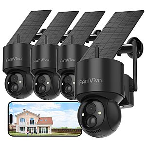 (4-Pack) FAMVIVA 2K Wireless Solar Security Cameras, 360°PTZ Battery Powered Cameras w/ Color Night Vision, IP66 Waterproof $101.24