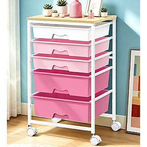 SUNALLY Rolling Storage Utility Cart With 5 Drawers, 5 Tier Rolling Cart with Wooden Tabletop and 2 Lockable Wheels $25.19
