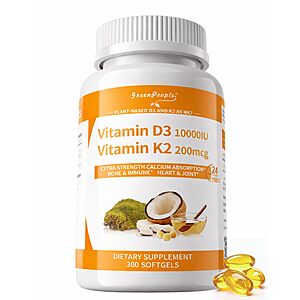 GREENPEOPLE K2 D3 Vitamin Supplement, Vitamin D-3 & K-2 MK-7, 10,000 IU/200 mcg, with Virgin Non-GMO Coconut MCT Oil | 300 Vegan Softgels | Bone Health, Immune Support $13.18