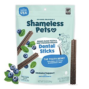 Shameless Pets hiDental Chews for Dogs, 8 Chews - Natural Dog Teeth Cleaning Treats with Fresh Breath Benefits | Grain-Free Dental Sticks for Small, Medium & Large Dogs
