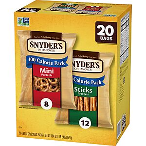 Snyder's of Hanover Variety Pack Pretzels, 20 Count 0.92 Oz~$7.49 After Coupon & S&S @ Amazon