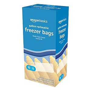 Amazon Basics Gallon Size Freezer Bags with Double Zipper Seal, Stand-Up Bottom, 90 Count (Previously Solimo) $7.04