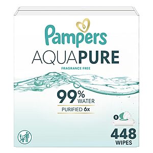 [S&S, AC] $16.30: Pampers Aqua Pure Baby Wipes, Fragrance Free, Unscented, Water Based, 448 Wipes Total (8X Flip-Top Packs)