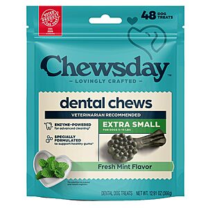Chewsday Fresh Mint Flavor Dental Chews, Extra Small Dog Treats, Healthier Teeth and Fresher Breath, Enzyme Powered for Advanced Cleaning, Made in the USA, 48 Count $9.13