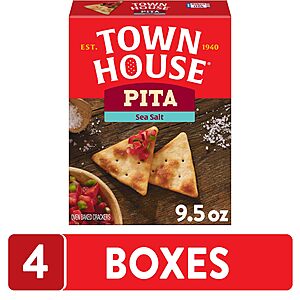 Select Accounts Town House Pita Crackers, Oven Baked, Lunch Snacks, Sea Salt (4 Boxes) $9.90 or less