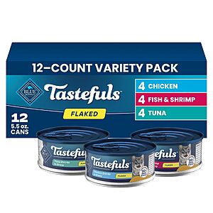$6.75: Select Accts[SnS, AC] 12 Ct 5.5-oz. Blue Buffalo Tastefuls Flaked Adult Wet Cat Food Variety Pack (Tuna, Chicken, Fish & Shrimp) at Amazon