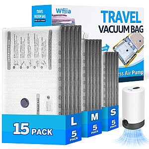 15 Packs Vacuum Bags for Travel with Rechargeable Pump, 3 Sizes Vacuum Seal Bags $16.19