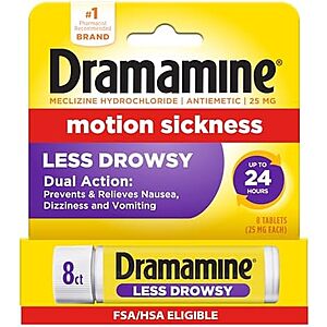 [SnS, AC] $1.64** | 8-Ct Dramamine Less Drowsy Motion Sickness Relief Tablets at Amazon