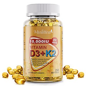 Plant-Based D3 K2 Vitamin 10000 IU w/ Virgin Coconut MCT Oil - 200 mcg MK7 Vitamin K2, Non-GMO D & K Supplement - 250 Softgels $16.19