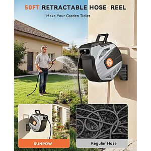 SUNPOW Retractable Garden Hose Reel - 1/2 inch x 50ft Heavy Duty Wall Mounted Hose Reel with 3/4 inch Brass Fitting & 10 Sprayer Nozzle Grey $59.99