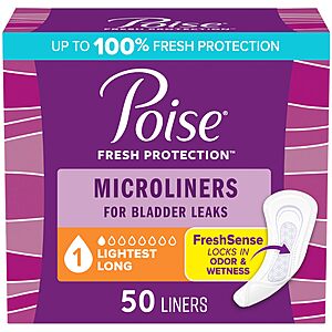 [Select Accounts] 50-Count Poise Microliners Incontinence Panty Liners Lightest Absorbency (Long) $3.76 w/ S&S + Free Shipping w/ Prime or on $35+