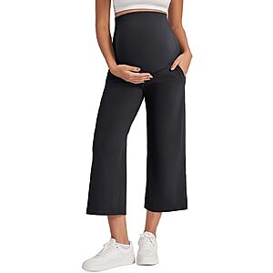 G4Free EverGoing Maternity Yoga Capris Over The Belly Stretch Wide Leg Pregnancy Cropped Pants with Pockets $14.99