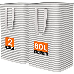 $12 PRIME DEAL Lifewit 2 Pack Laundry Basket 80L Each, Collapsible Clothes Hamper with Reinforced Handles,  Waterproof Design for Bedroom and Laundry Room, Grey 160L