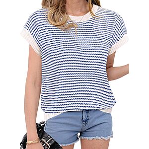IPMQ Womens Striped Sweaters Vest Pullover Cap Sleeve Tank Tops Crew Neck Cable Knit Spring Summer Casual Outfits $11.99