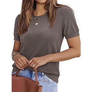 IPMQ Womens 2026 Summer Casual Pullover Sweaters Wool Blend Crew Neck Business Short Sleeve Sweater Work Tops Coffee $11.95