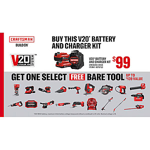 BOGO CRAFTSMAN V20. Buy Starter Kit (4ah+2ah w/charger) and get free tool. 20v lithium ion batteries CMCB204-CKVA $99