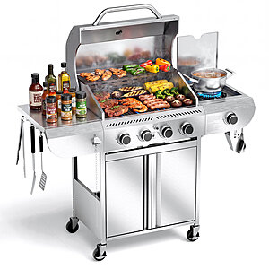 $290 FS WAYFAIR: 4-Burner Propane Gas Grill with Side Burner, 42000 BTU Stainless Steel Outdoor BBQ Grill, Heavy-Duty Cast Iron Grates & Baking Tray