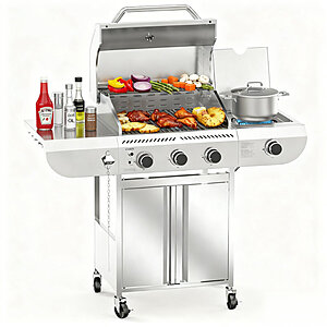 $250 FS WAYFAIR: R.W.FLAME 3 - Burner Stainless Steel Gas Grill with 1 Side Burner & Dual Brake Universal Wheels, 34,000 BTU Liquid Propane Gas Grill