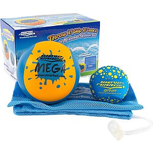 Wave Runner Water Skipping Balls 2 Pack with mesh bag. 1 Mega ball, 1 Grip ball.