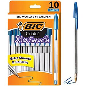 $0.97* | 10-Ct BIC Cristal Xtra Smooth 1.0mm Medium Point Ballpoint Pens (Blue) at Amazon