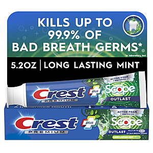$23.90 - (12 pack) Crest Premium Plus Scope Outlast Toothpaste, Long Lasting Mint Flavor, 5.2 oz, 12 Total Tubes
