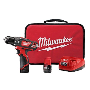 Milwaukee M12 12V Lithium-Ion Cordless 3/8 in. Hammer Drill/Driver Kit with Two 1.5 Ah Batteries and Hard Case $99