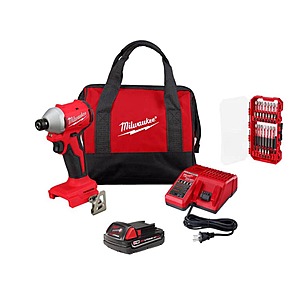 M18 18V Compact Brushless 1/4 in. Impact Driver Kit w/ 2. 0Ah Battery, Charger, Bag with SHOCKWAVE SHOCKWAVE 28-Pc Set $119