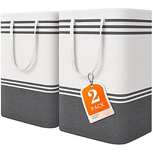 EpicTotes 2 Pack Large Laundry Baskets, Laundry Hampers, Reinforced Handles - Foldable Dirty Clothes Basket for Dorm, Bathroom, Room (Grey/75L)