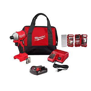 Milwaukee M18 18V Compact Brushless 1/4 in. Impact Driver Kit 2.0Ah Battery, Charger, Bag with SHOCKWAVE 75-Pc $145