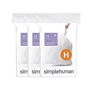 $14.00: simplehuman Code H 60 Count Custom Fit Liners, 30-35 Liter / 8-9 Gallon, White (60 Count)
