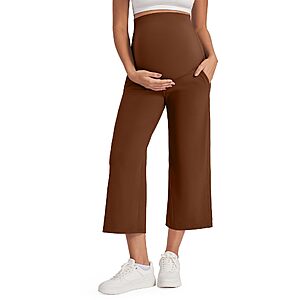 G4Free Maternity Capri Pants Cropped Palazzo with Pockets Pregnancy Workout Loose Bottoms Over The Belly Summer Yoga Slacks (Dark Coffee,M,Regular) $9.36