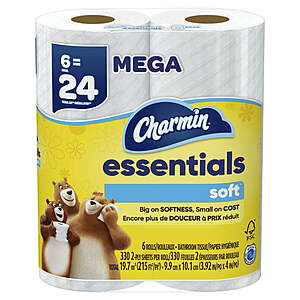 $3.98 after $1 back in WMT CASH FS PLUS: Charmin Essentials Soft Toilet Paper 6 Mega = 24 Rolls, 330 Sheets Per Roll