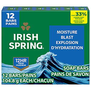 $7.48 FS WALMART+ or Pick Up: Get $2 Walmart Cash Irish Spring Moisture Blast Deodorant Bar Soap for Men, 3.7 oz Bar (12 Pack) + More