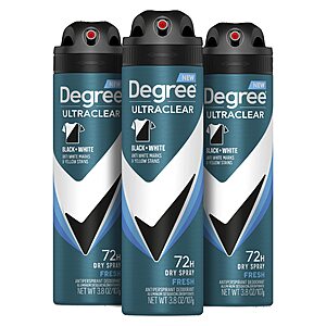 [S&S]3 Pk 3.8 ozDegree Men Antiperspirant Spray Black + White $7.19 + Free S&H w/ Prime or $35+