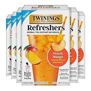 [NEW, SnS, AC] $11.35 | 6-Pack 5-Count Twinings Herbal Tea Instant Beverage with Real Peach Fruit Bits (Refreshers Peach Mango) at Amazon