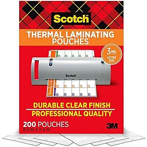 $17.53* | 200-Count 8.9" x 11.4" Scotch Thermal Laminating Pouches (3 mil Letter Size) at Amazon