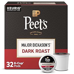 [SnS] $10.74 | 32-Count Peet's Coffee Dark Roast K-Cup Pods for Keurig Brewers (Major Dickason's Blend) at Amazon (33.6￠ each)