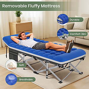 $55.99 FS Walmart by GVDV GVDV Folding Camping Cot for Adults with 2 Sided Mattress - 75" x 28" Cot, 1200D Oxford Portable Cot Bed with Carry Bag in Blue or Black