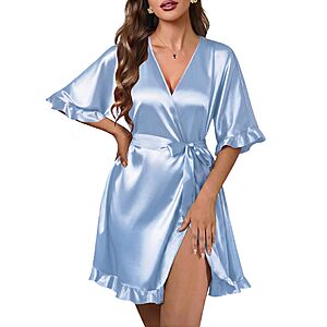 Ekouaer Silk Robes for Women Short Lightweight Bathrobe Ruffled Satin Kimono Robes Sexy Bride Bridesmaid Sleepwear Black S $9.99
