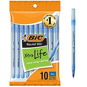 10-Count BIC Round Stic Xtra Life Medium Point Ball Pens (Blue, 1.0mm) $0.99 + Free Shipping w/ Prime or on $35+